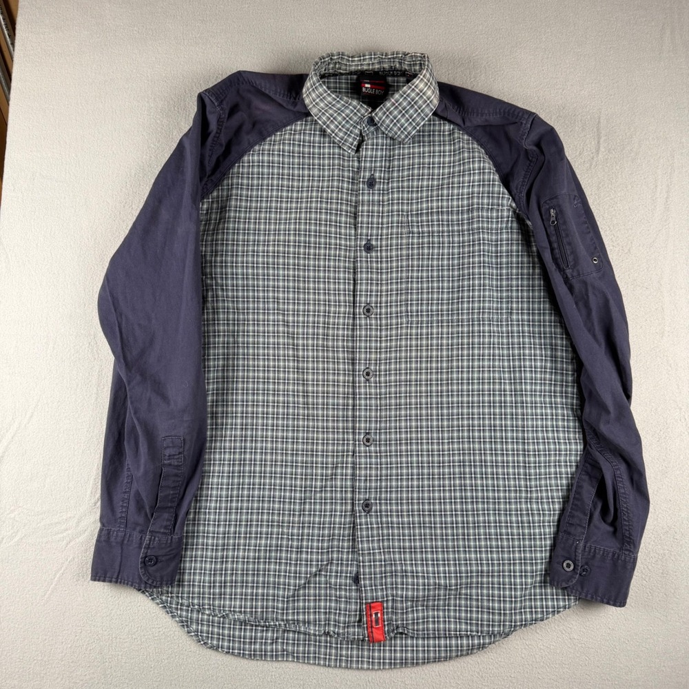 Y2K 90's Bugle Boy Mens Plaid Raglan Button Down Shirt Navy Blue Green Medium